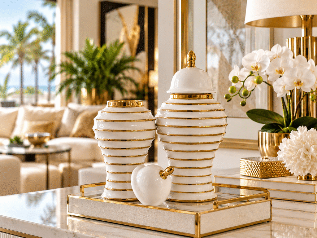 White-and-gold striped ceramic vase arrangement with a white heart on a gold tray