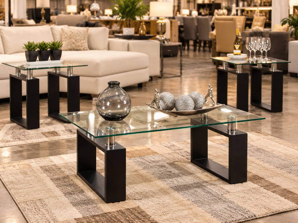 Modern glass-top coffee table and matching end tables with black geometric bases in a showroom