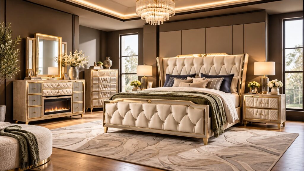 Luxury bedroom with cream tufted wingback bed, gold-trim dresser with fireplace, crystal chandelier and dark walls