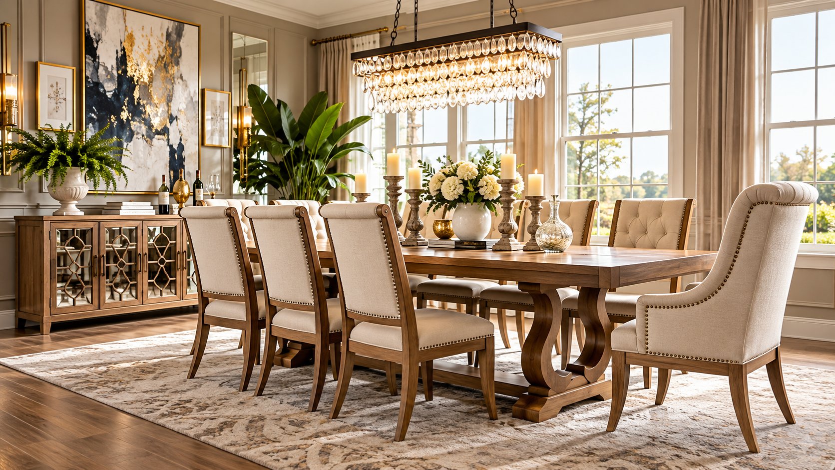 Luxury dining room with long wooden trestle table, cream upholstered chairs, rectangular crystal chandelier and navy gold abstract wall art